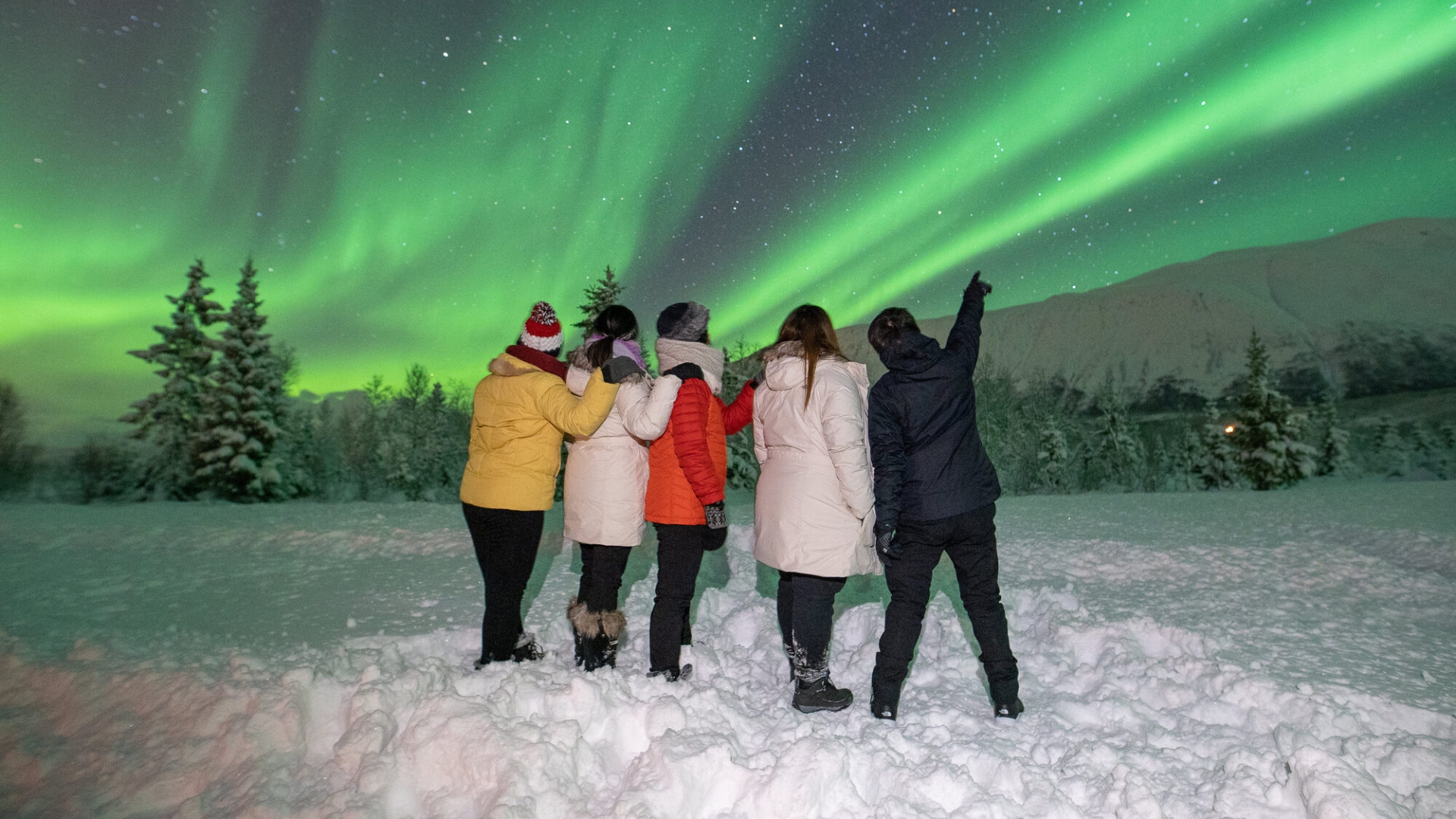 People looking at the northern lights during winter