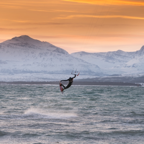 Kari Schibevaag kitesurfing outside of Tromsø