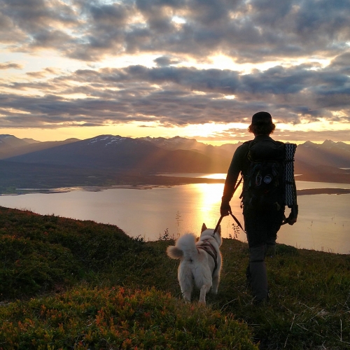 Man hiking with dog