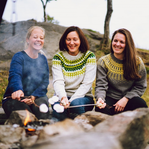 Friends enjoying themselves around a bonfire