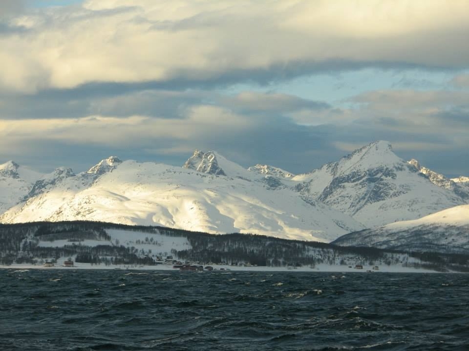 Hav med snødekte fjell i bakgrunnen