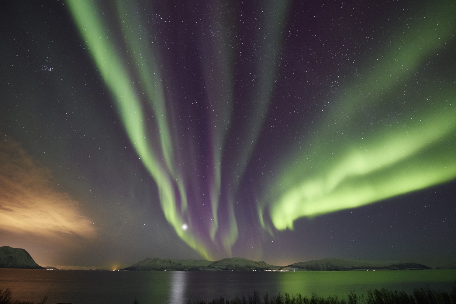 northern lights over the water, with some land in the background