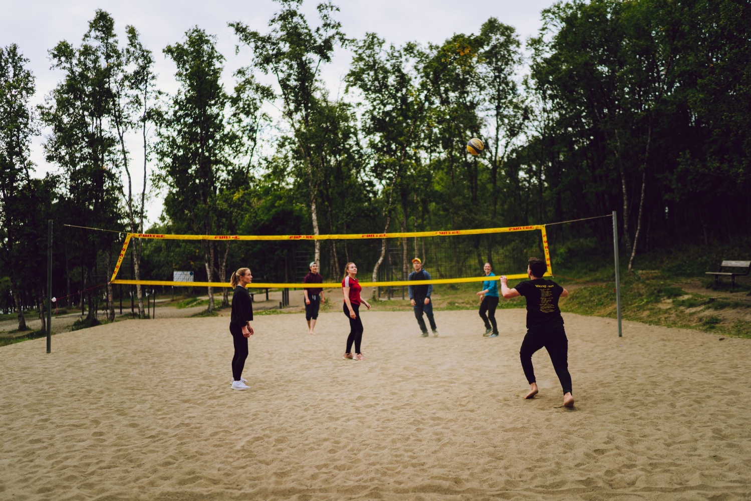 en gruppe venner som spiller sandvolleyball