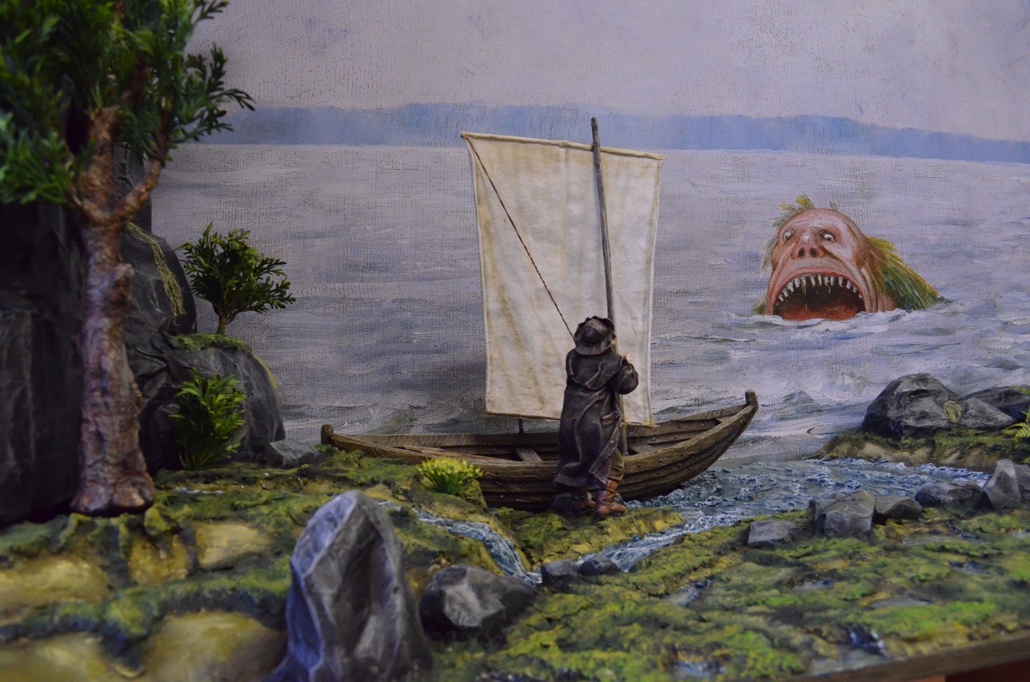 a sea troll scaring a man with a boat