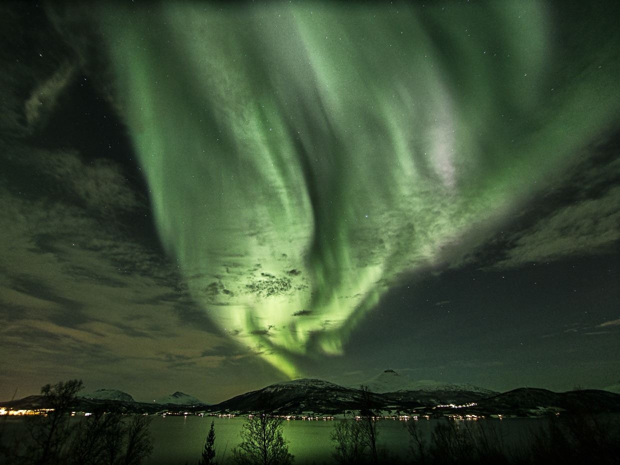 northern lights dancing by the fjord close by the camp