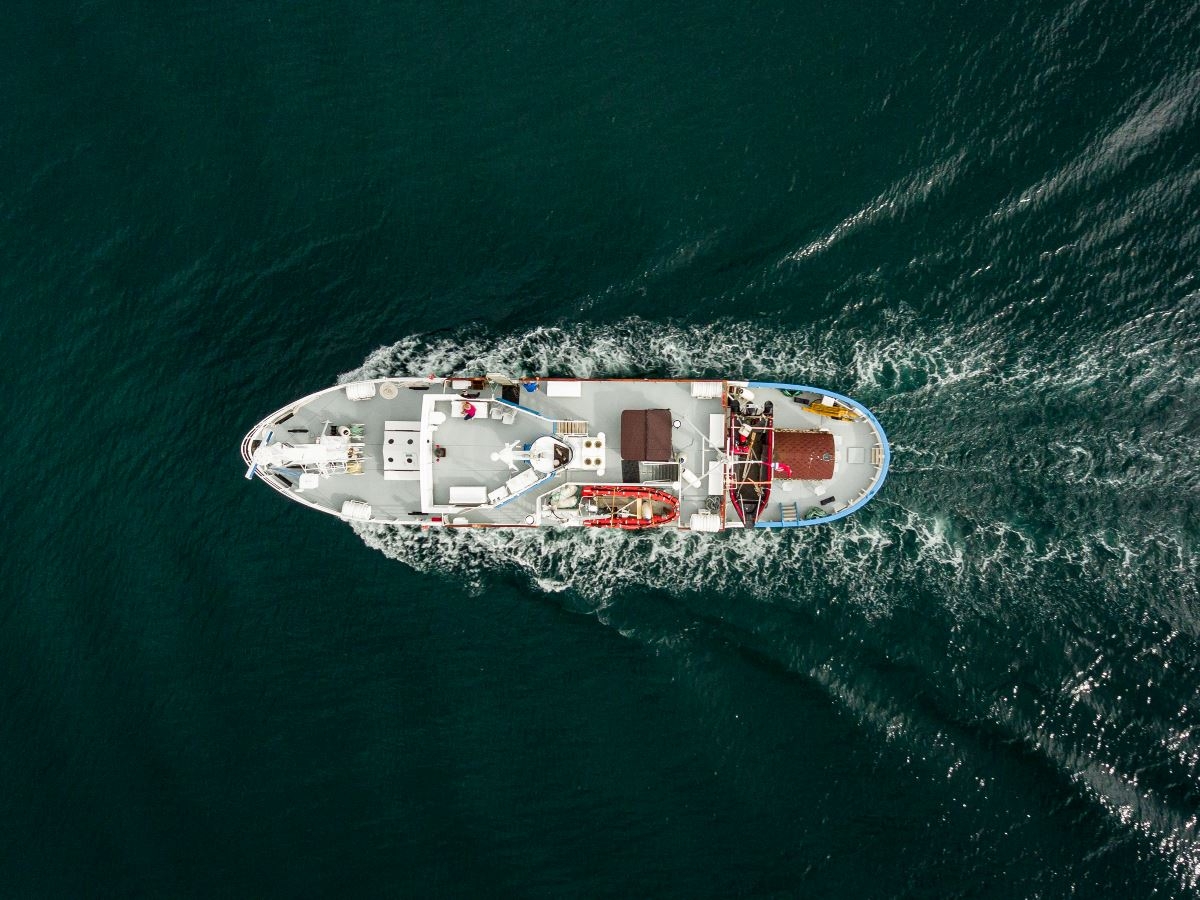 drone shot of the boat from above