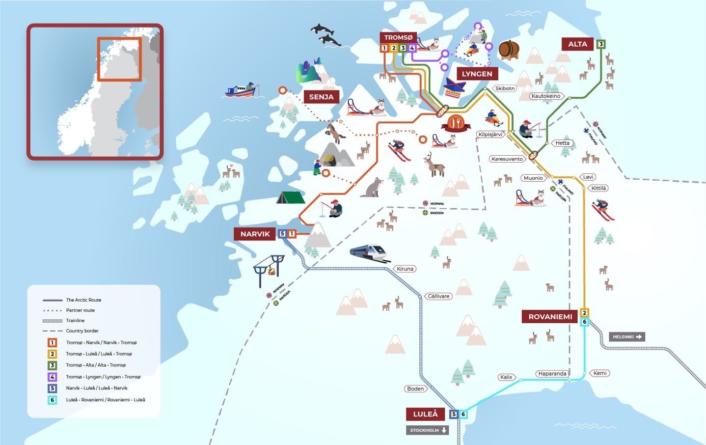 illustrert kart oved nord-norge med bussrute