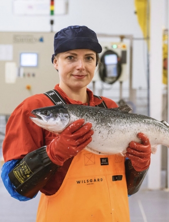 factory worker holding whole salmon fish