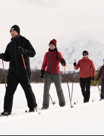 five people cross-country skiing with the Lyngen Alps in the background