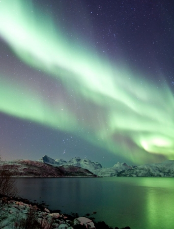Northern lights above mountains and sea