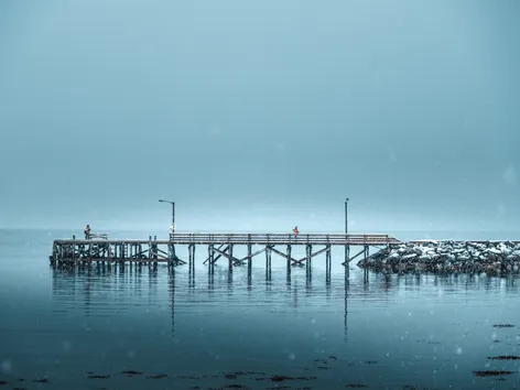 Brygge i Telegrafbukta i Tromsø på en snøværsdag