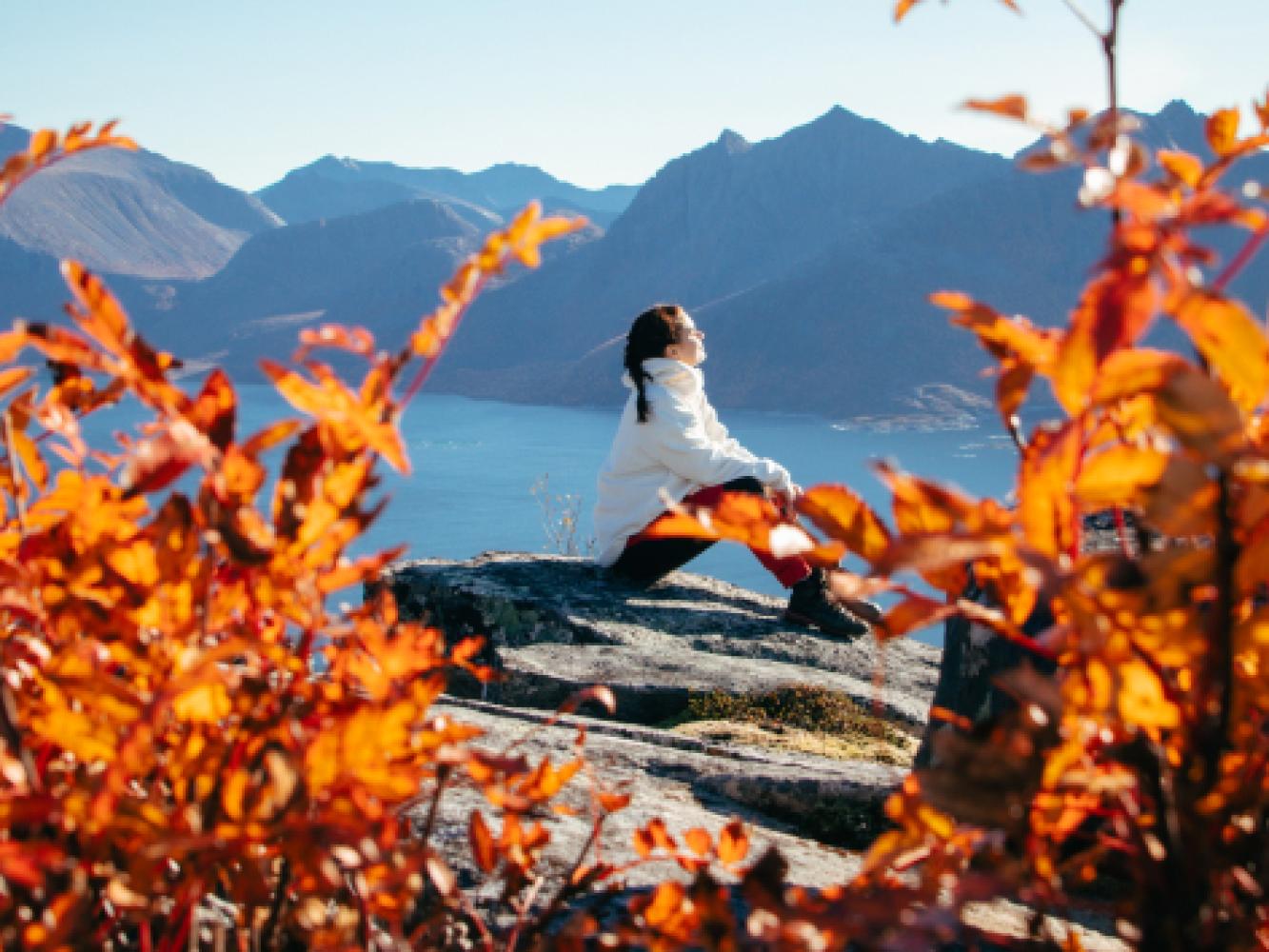 Girl enjoying view from a mountain hike surrounded by autumn colours