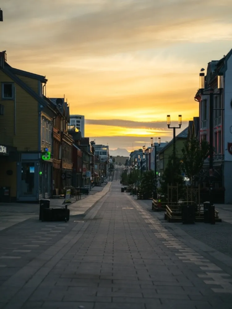 The main street in Tromsø, Storgata, under the midnight sun