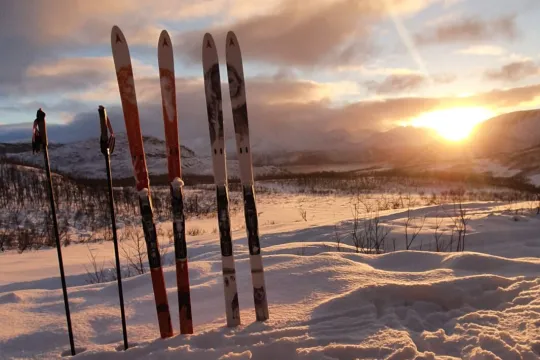 Tromsø Ski Guides Skis and poles sit ready in the snow while the sun shines bright behind