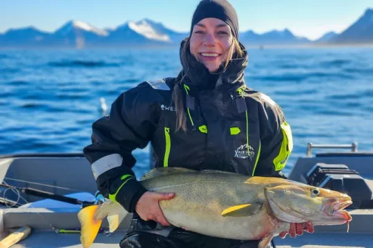 En person som holder en fisk på en båt