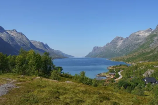 Fjord with mountains on both sides in summer