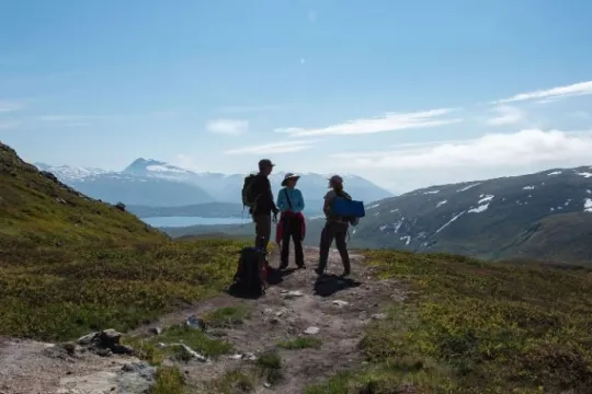 Three guests on a hike in an Arctic landscape