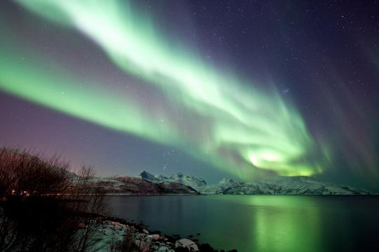 Northern lights above mountains and sea