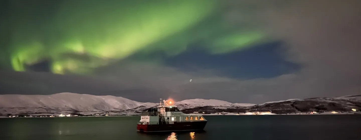 MS Havcruise sailing beneath the Northern Lights near Tromsø