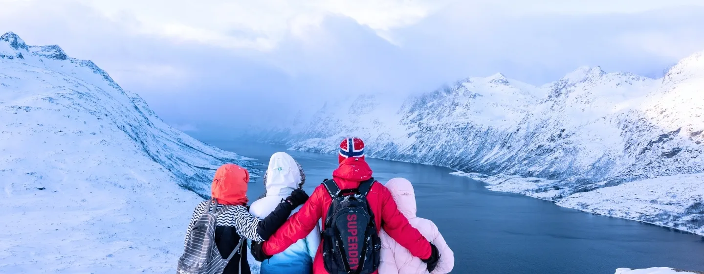 Four guests overlooking a snow-covered fjord and mountains during a winter tour in Northern Norway.
