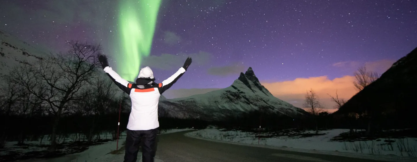 A guest looks out at the Northern Lights shimmering behind the mountains
