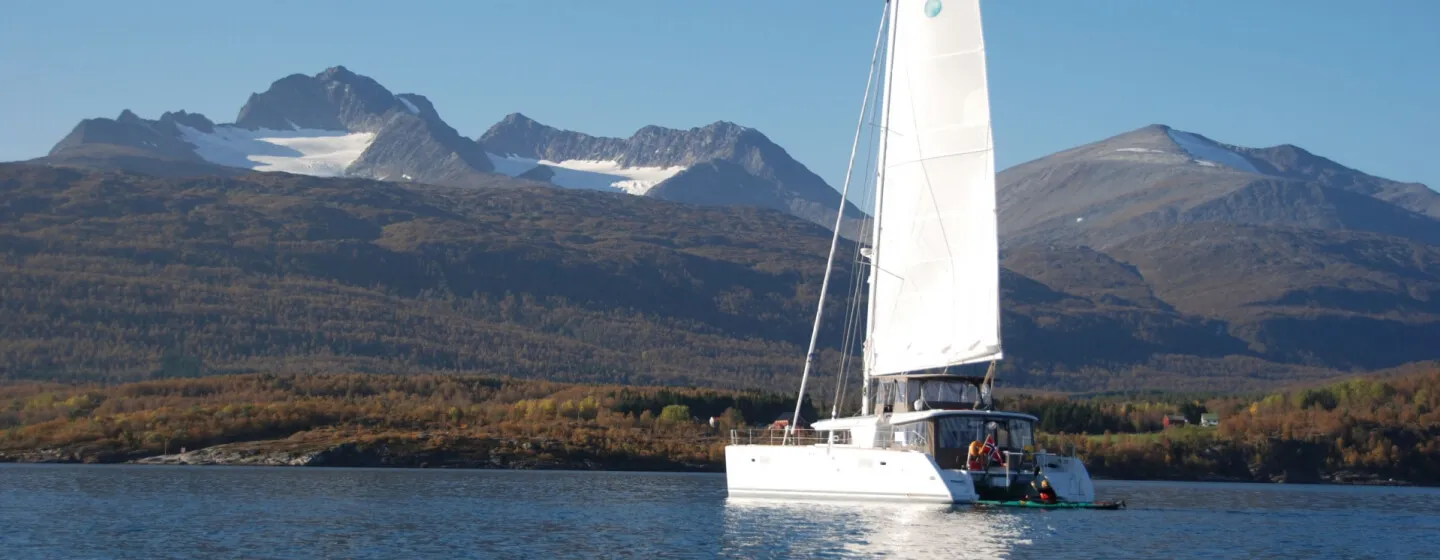 The catamaran Arctic Princess sailing in a fjord