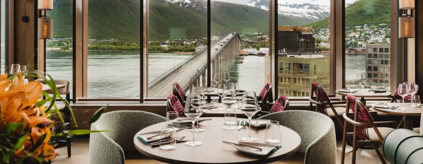 Dining room with a view at The Dock 69°39 by Scandic in Tromso.