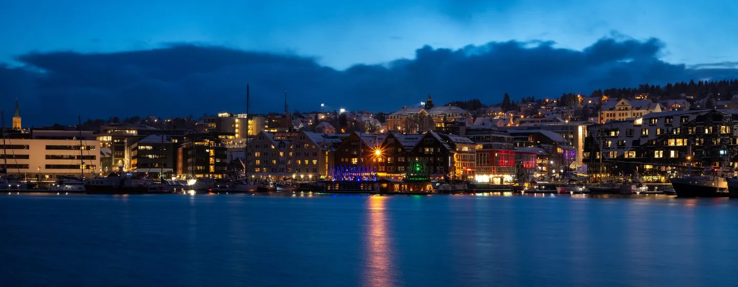 View of Tromsø harbour by night