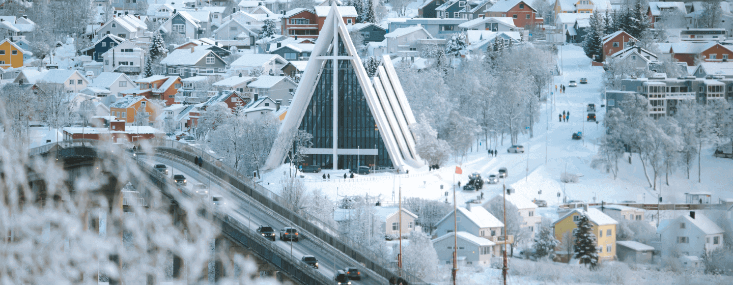 Tromsø bridge in winter with the Arctic Cathedral in the background