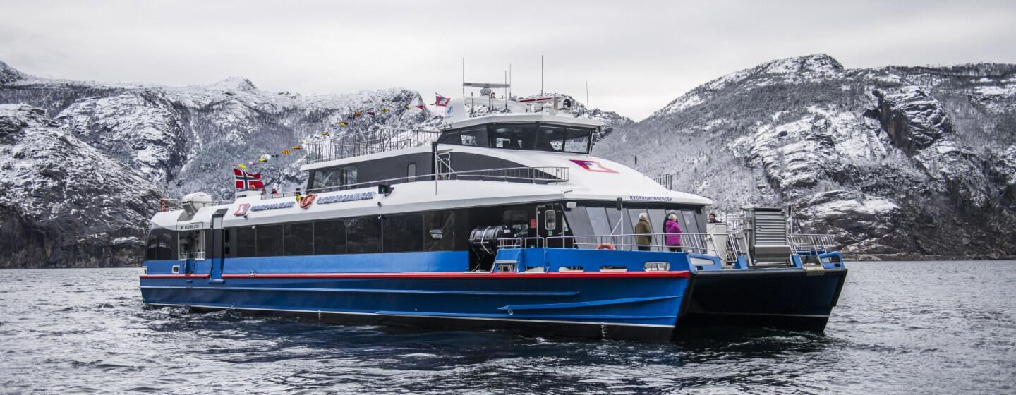 modern catamaran, MS Rygerdronningen, perfect for comfortable cruises  Lysefjorden RØDNE 