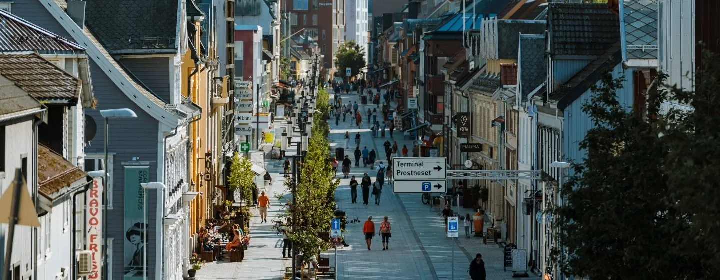 The main street, Storgata, in Tromsø on a summer day.