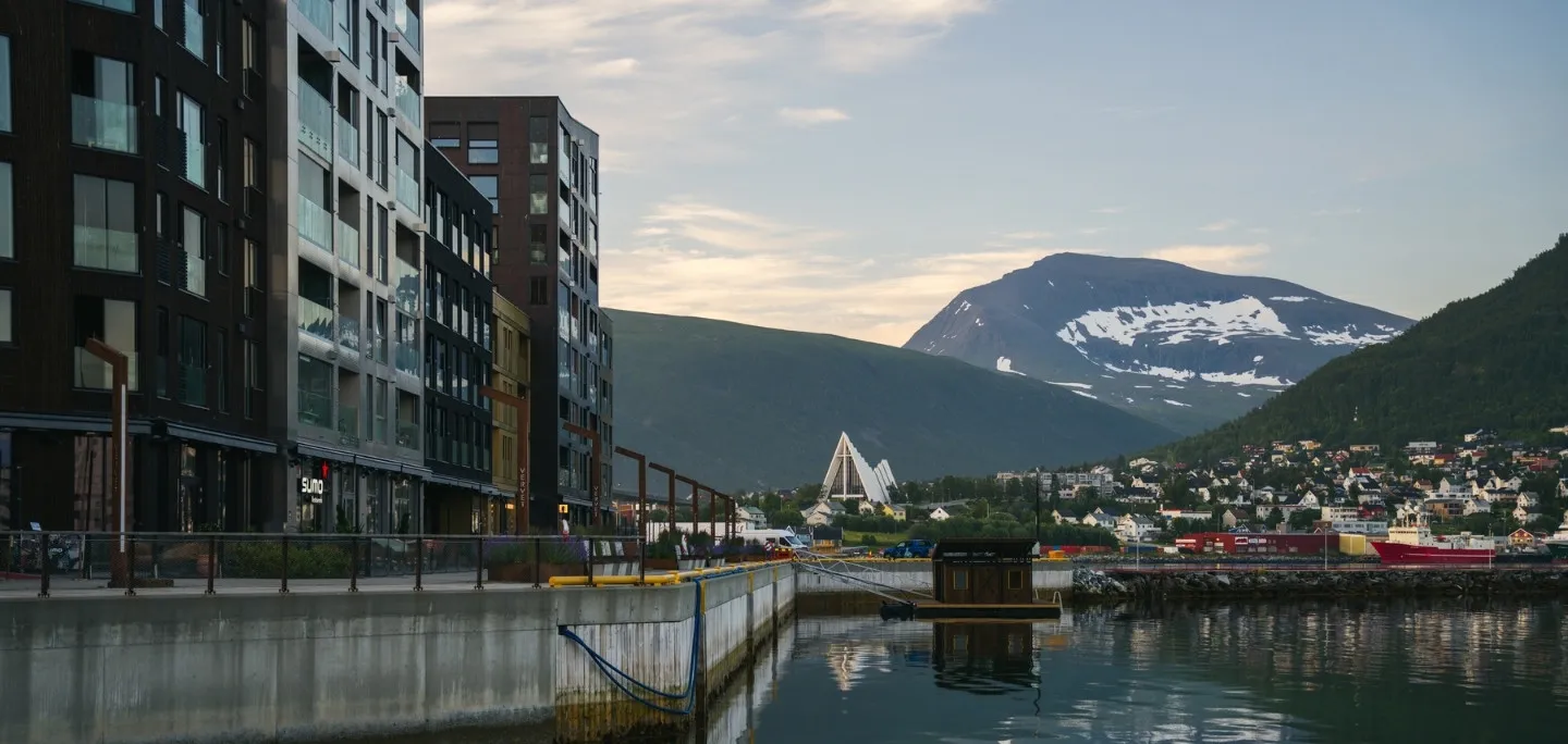 View towards the Arctic Cathedral from Vervet in Tromsø during a summer night