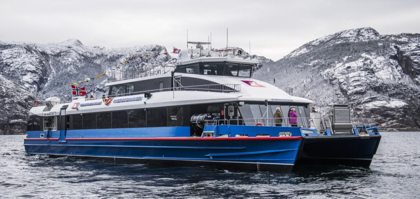 modern catamaran, MS Rygerdronningen, perfect for comfortable cruises  Lysefjorden RØDNE 